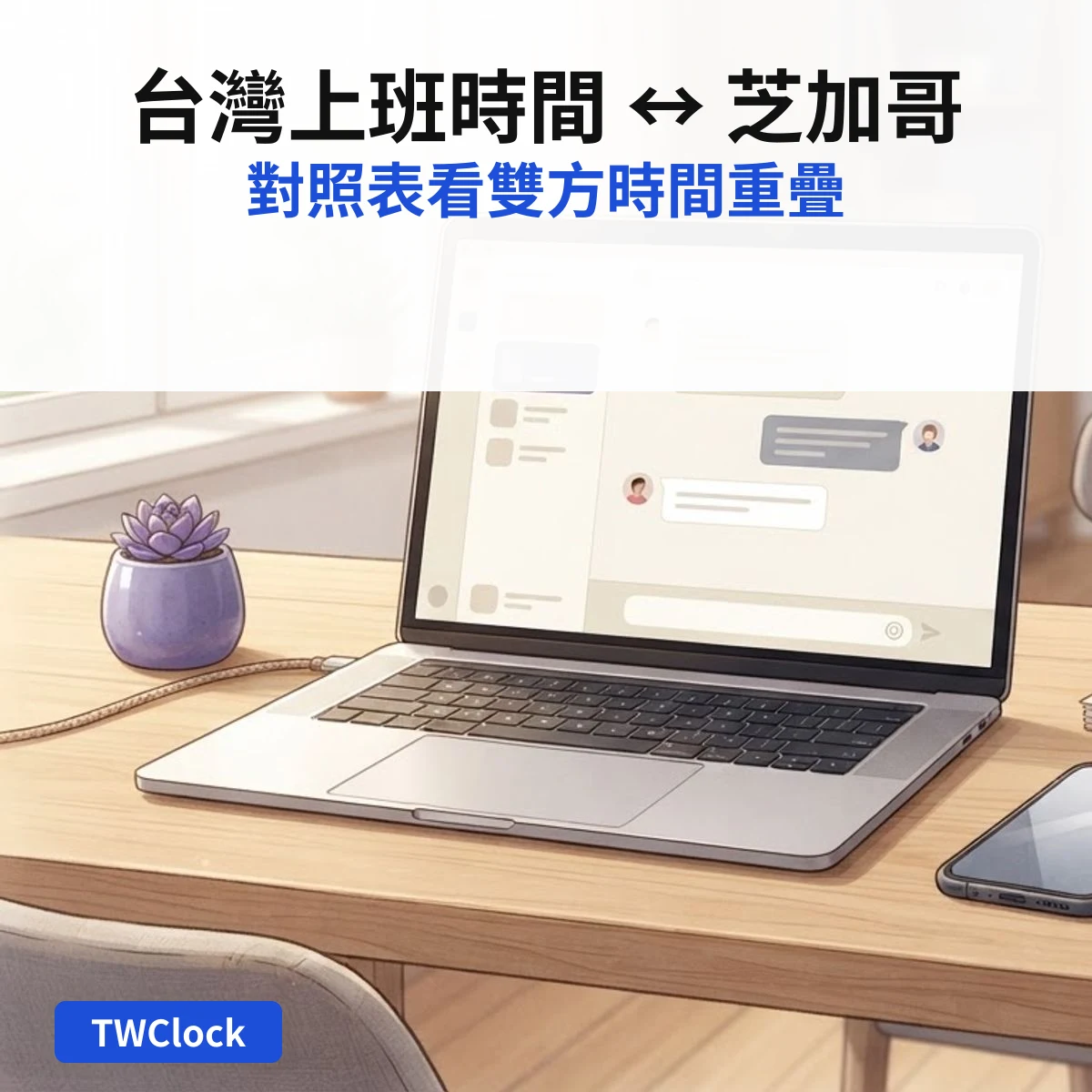筆記型電腦與聊天視窗，對照台灣與芝加哥的上班時間